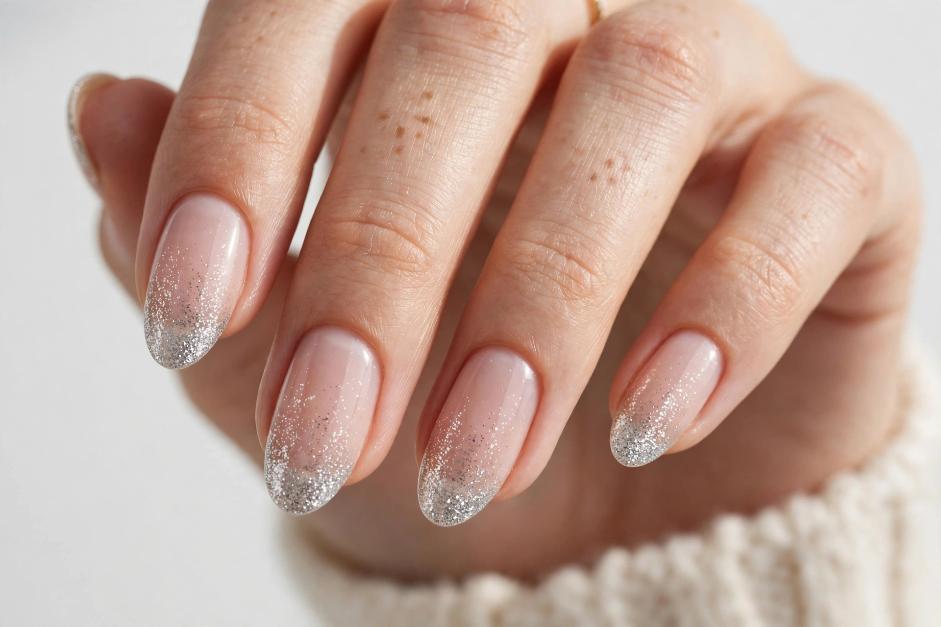 Winter French manicure with silver glitter tips fading into a sheer nude base, shown on medium almond nails.