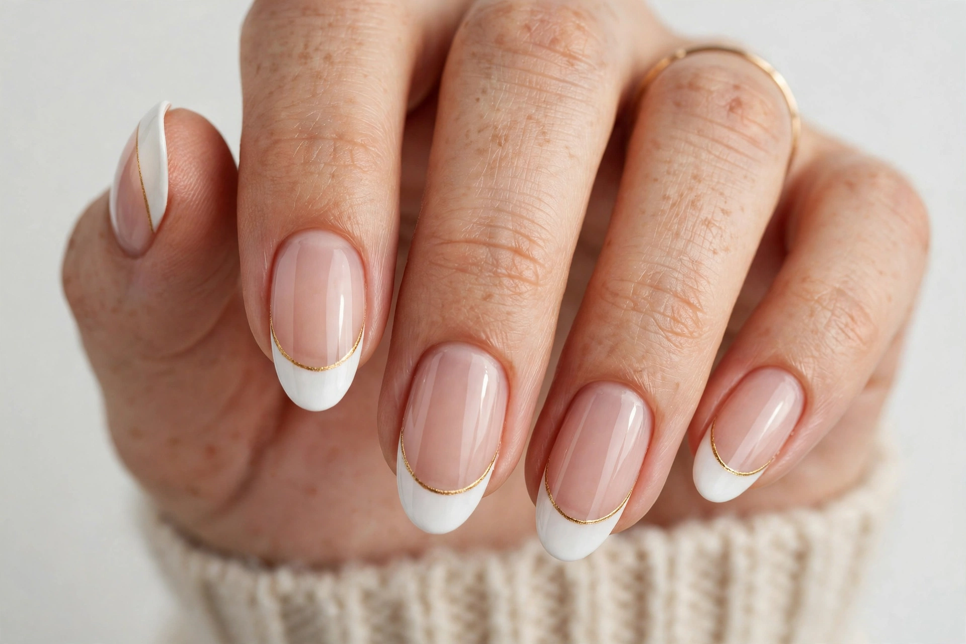 Winter French tip nails with white tips outlined by a fine gold line along the smile line on a sheer nude base, shown on medium almond nails.