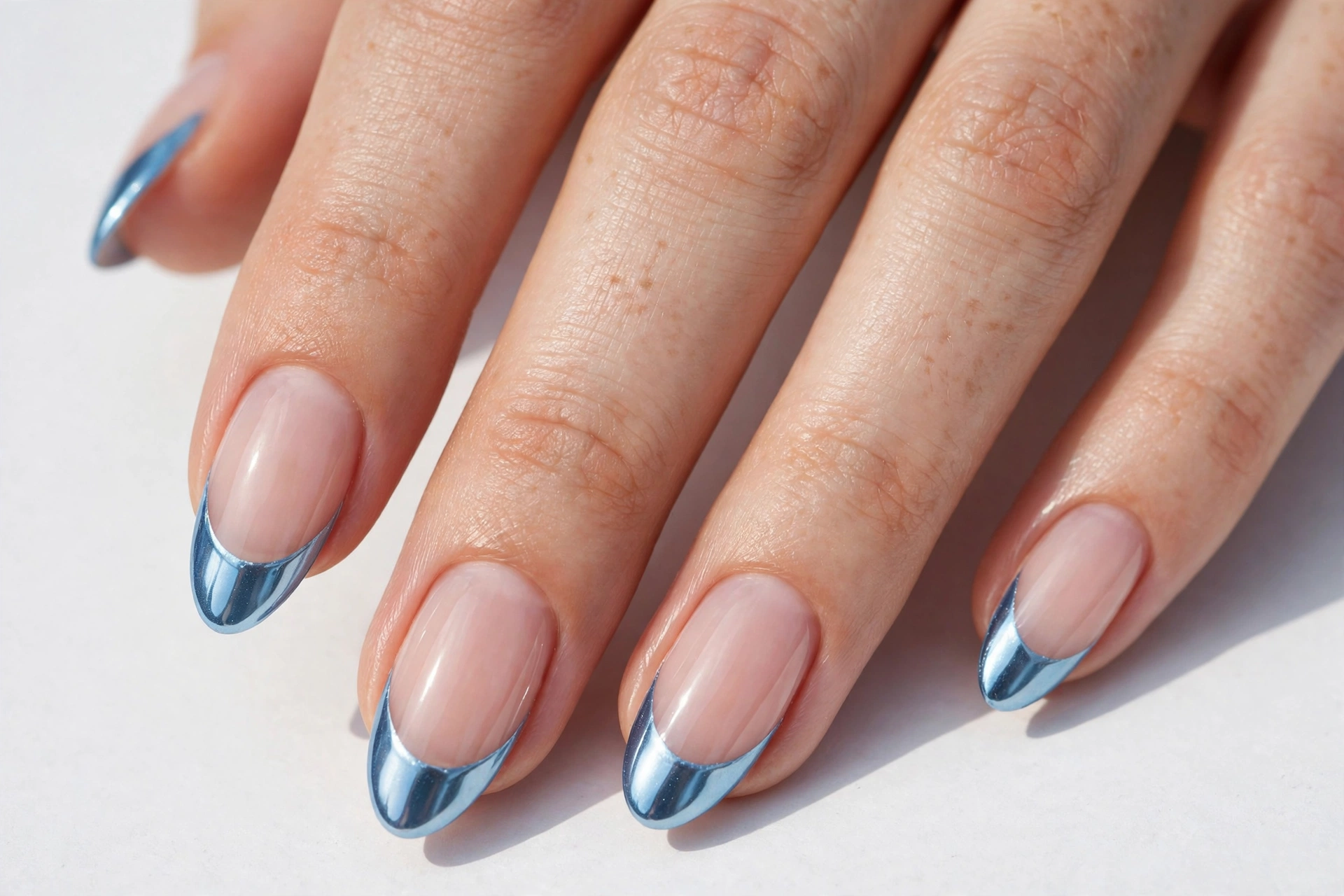 Winter French tip nails with icy blue chrome tips with a mirror shine on a sheer base, shown on medium almond nails.