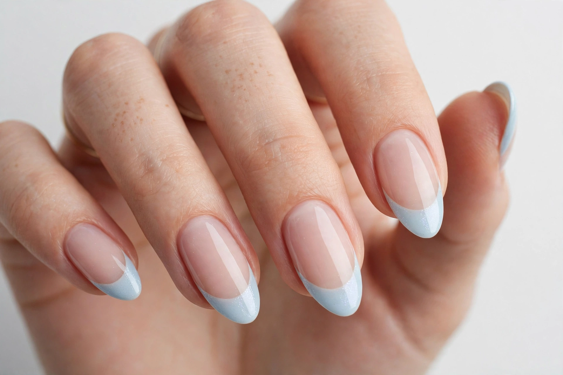 Winter French tip nails with pale icy blue tips on a sheer nude base, shown on medium almond nails.