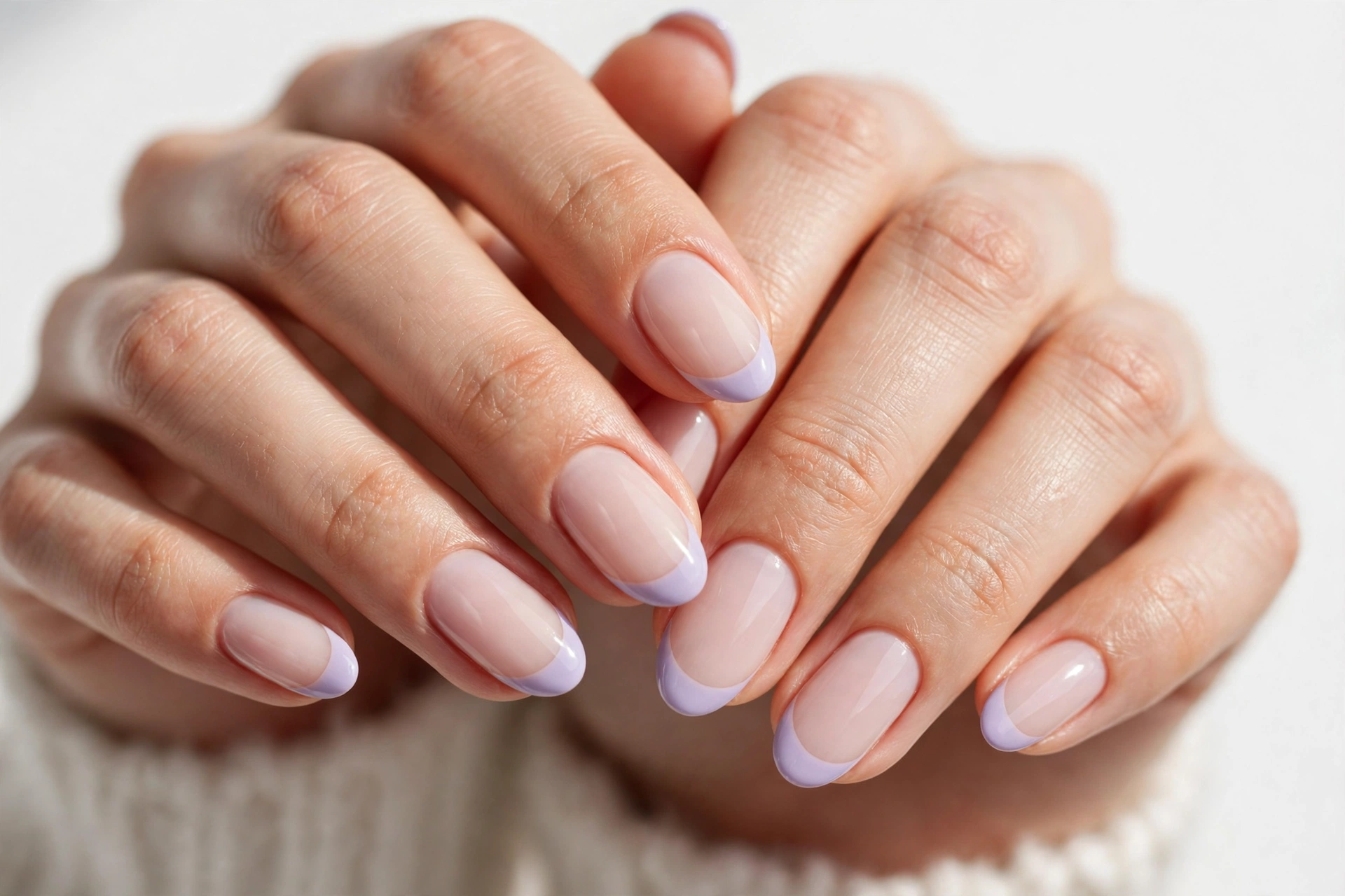 Winter French tip nails with soft lavender tips on a sheer milky base, shown on medium oval nails.