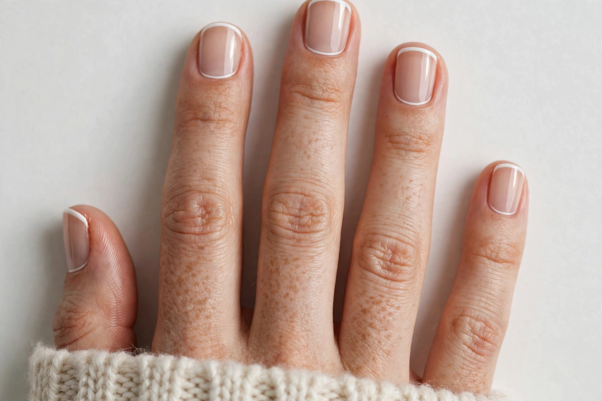 Winter micro French tip nails with ultra-thin white tips on a sheer nude base, shown on short squoval nails.