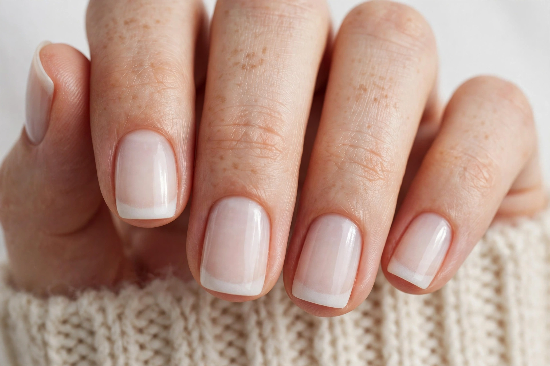 Winter French tip nails with soft milky white tips on a milky translucent base, shown on short squoval nails.