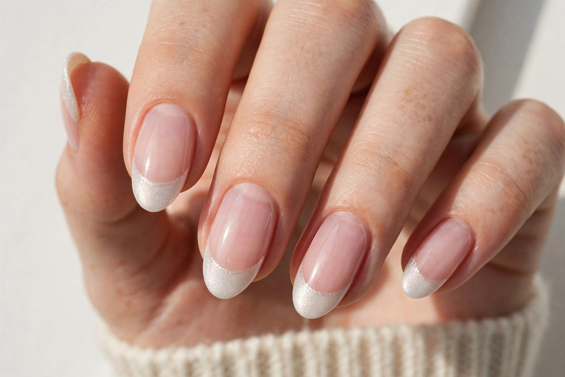 Winter French tip nails with soft pearl white shimmer tips on a sheer pink base, shown on medium almond nails.