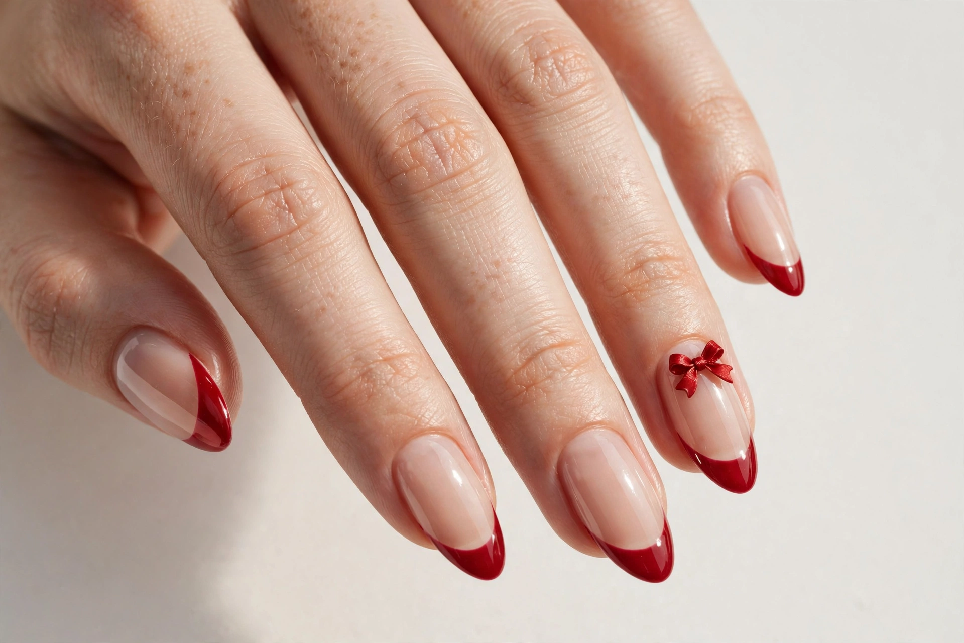 Winter French tip nails with glossy red tips and a tiny bow on one accent nail, on a sheer nude base, shown on medium almond nails.