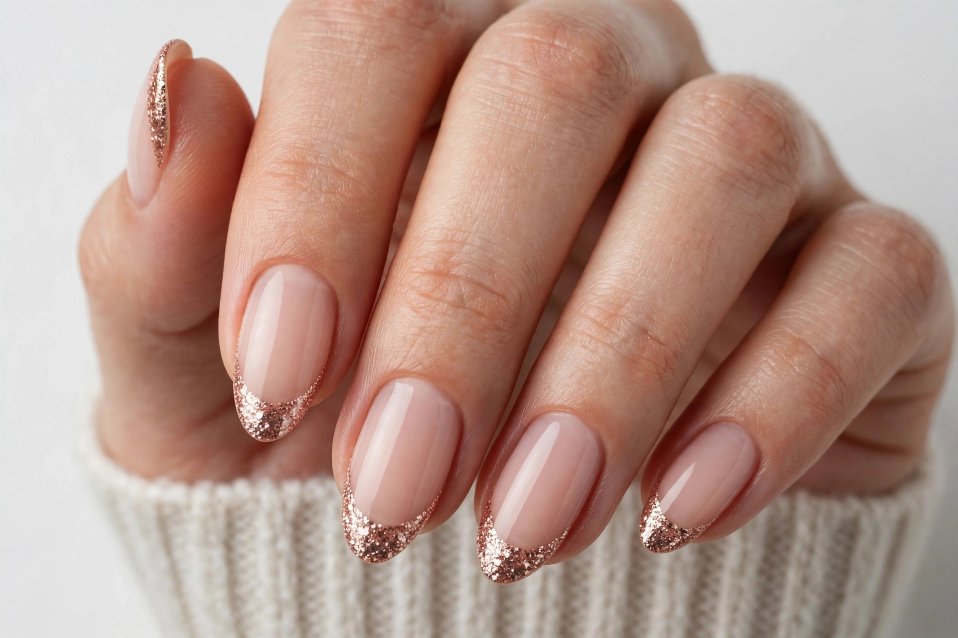 Winter French tip nails with rose gold glitter tips on a sheer nude base, shown on medium almond nails.