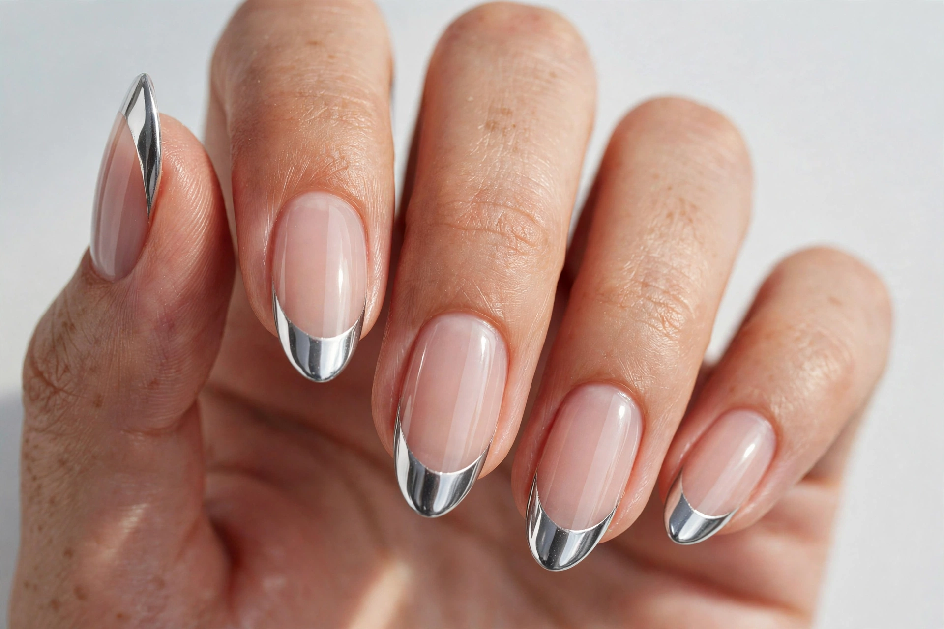 Winter French tip nails with silver chrome mirror tips on a sheer nude base, shown on medium almond nails.