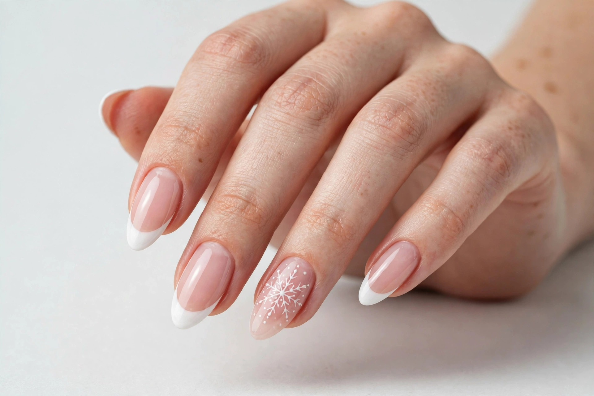 Winter French tip nails with white tips and a delicate snowflake painted on one accent nail over a sheer pink base, shown on medium almond nails.