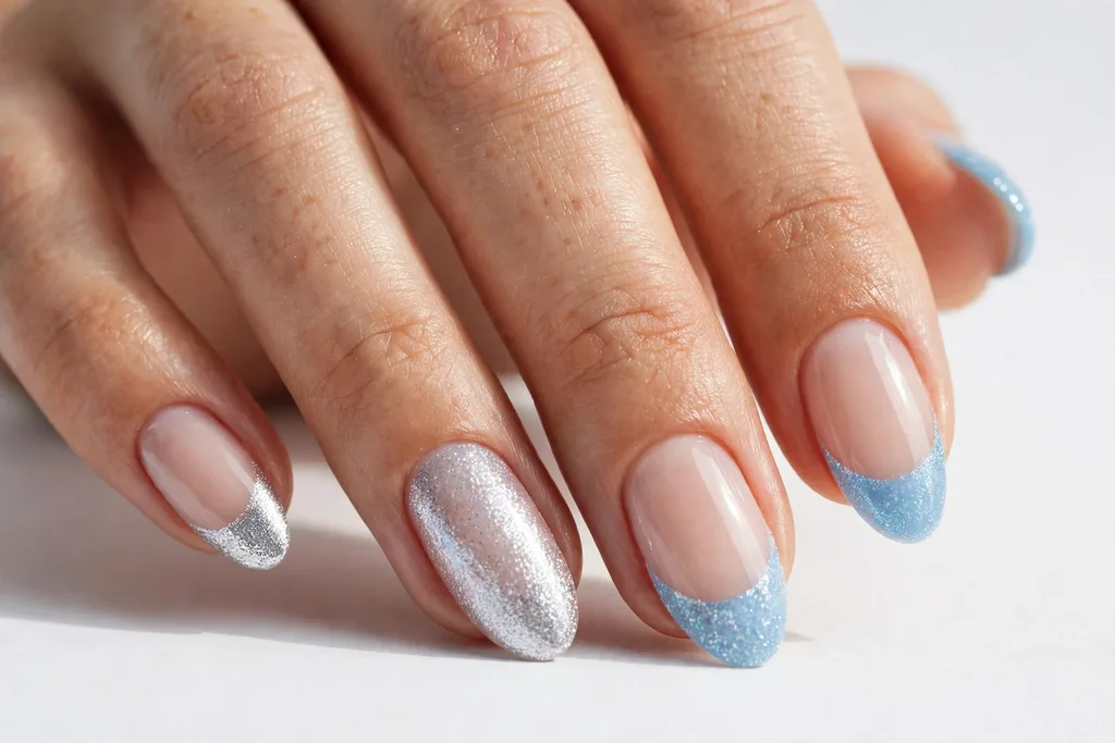 Winter holidays French tip nails alternating icy blue and silver shimmer tips on a sheer nude base, shown on medium almond nails.