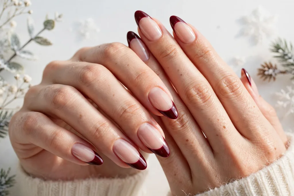 Winter holidays French tip nails with deep burgundy glossy tips on a sheer nude base, shown on long almond nails.