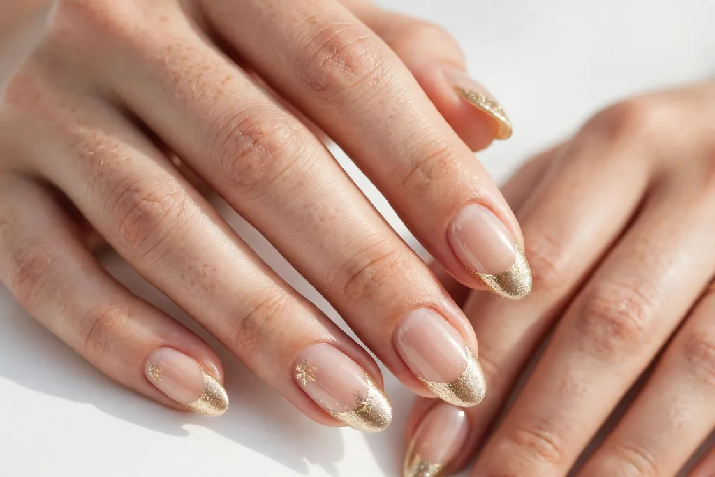 Winter holidays French tip nails with champagne gold shimmer tips on a sheer nude base, shown on medium almond nails.
