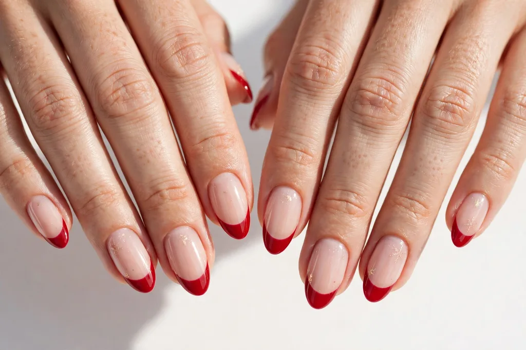 Winter holidays French tip nails with classic holiday red glossy tips on a sheer nude base, shown on medium almond nails.