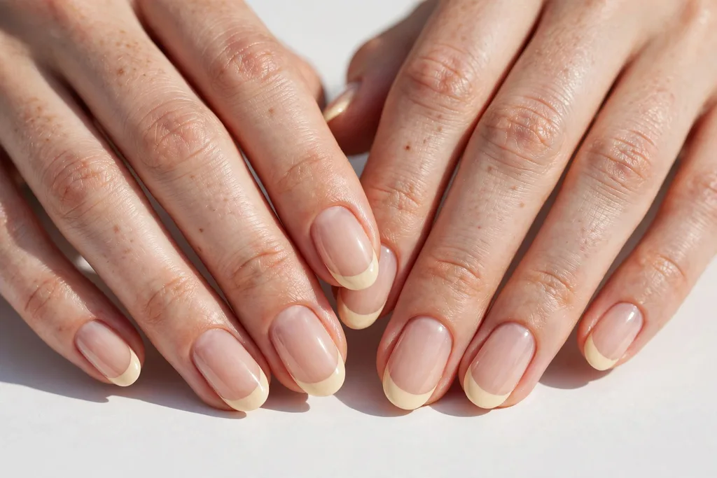 Winter holidays French tip nails with warm creamy eggnog tips on a sheer nude base, shown on medium oval nails.