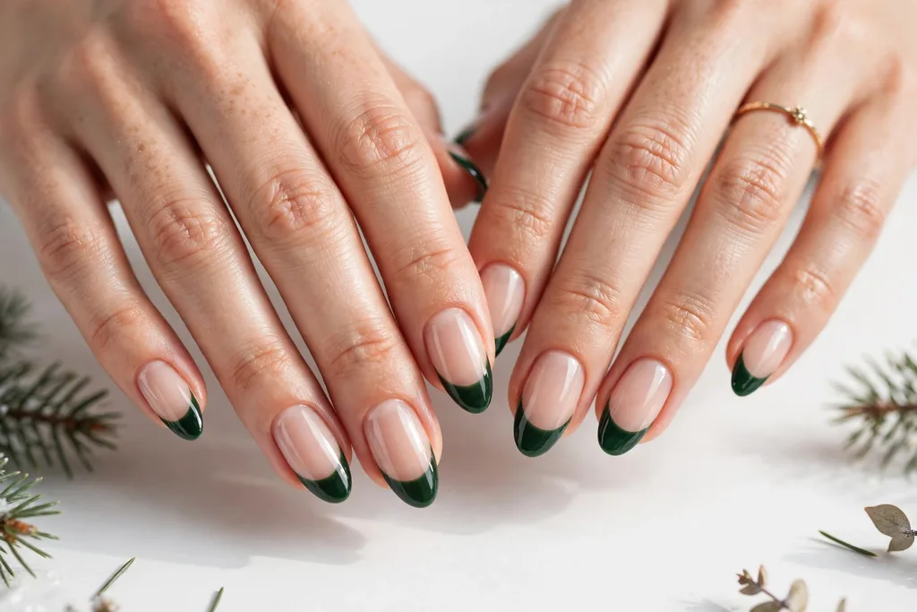 Winter holidays French tip nails with deep evergreen glossy tips on a sheer nude base, shown on medium almond nails.