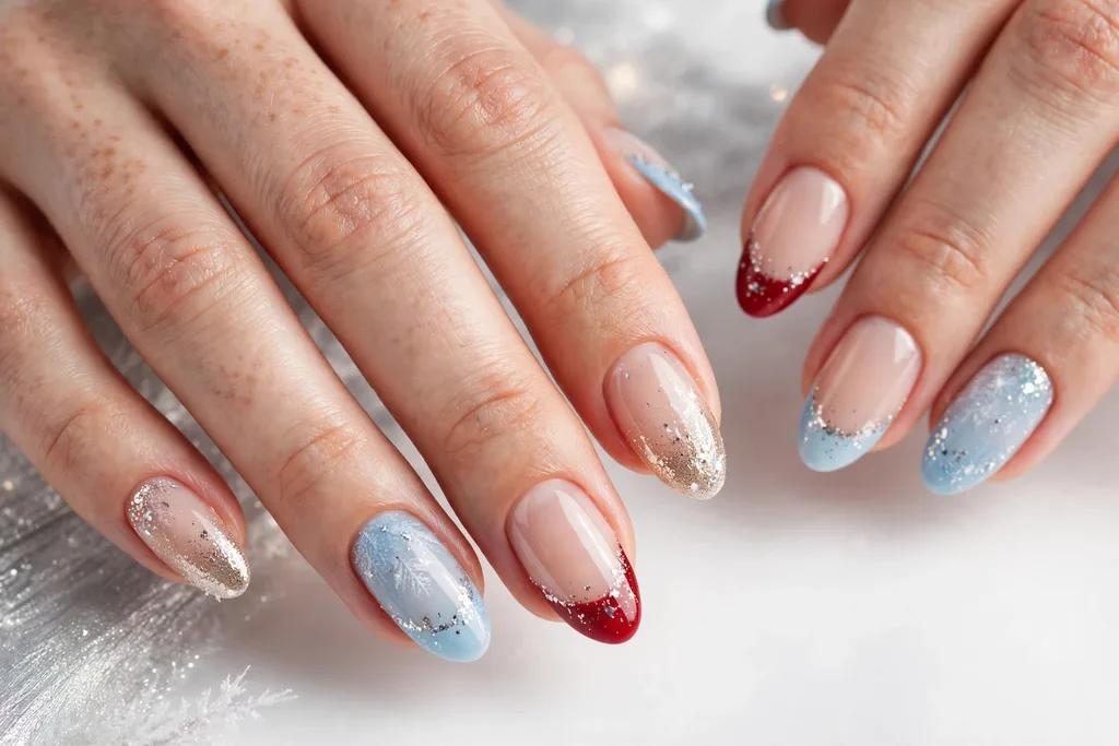 Winter holidays French tip nails with icy blue, classic red, and champagne gold tips and fine silver sparkle accents on a sheer nude base, shown on a woman's hands against a white and soft silver background.