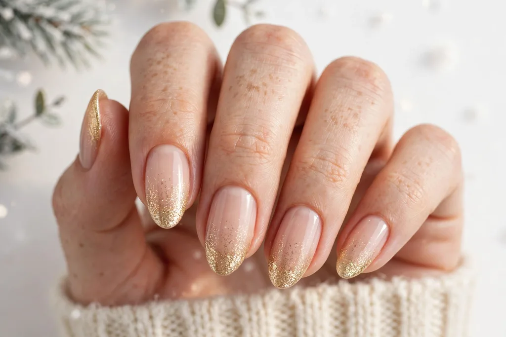 Winter holidays French tip nails with gold glitter tips fading softly into a sheer nude base, shown on medium almond nails.