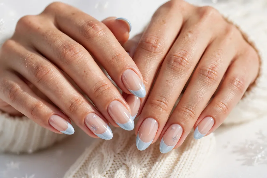 Winter holidays French tip nails with pale icy blue glossy tips on a sheer nude base, shown on medium almond nails.