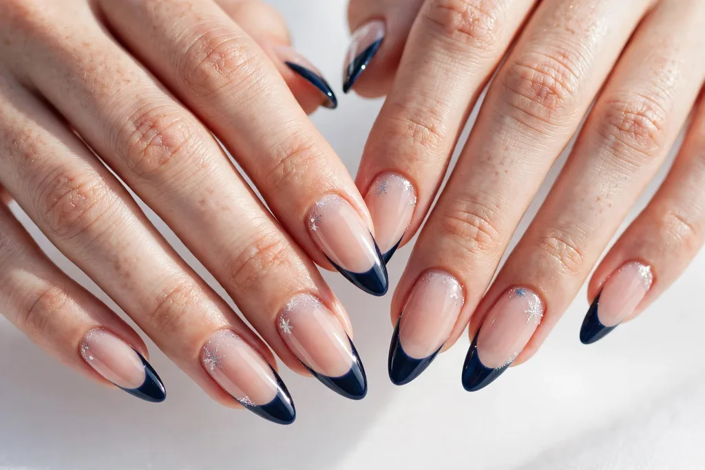 Winter holidays French tip nails with deep midnight blue glossy tips on a sheer nude base, shown on long almond nails.