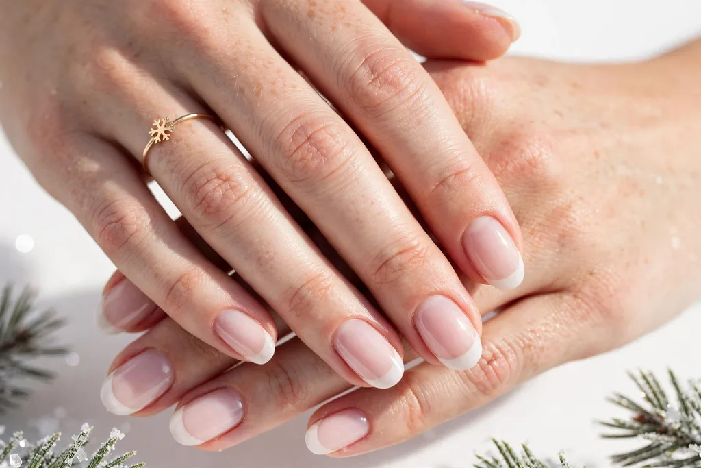 Winter holidays French tip nails with soft milky white tips on a milky pink base, shown on medium oval nails.