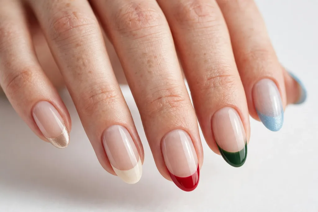 Winter holidays French tip nails with a different celebration tip color on each nail, including icy blue, classic red, evergreen, champagne gold, and cream, on a sheer nude base, shown on medium almond nails.