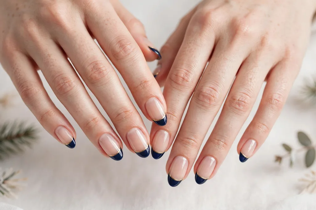 Winter holidays French tip nails with deep navy tips edged with a thin metallic gold line on a sheer nude base, shown on medium almond nails.