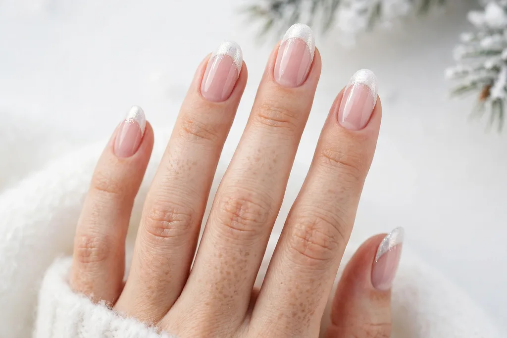 Winter holidays French tip nails with pearl white shimmer tips on a sheer pink base, shown on medium almond nails.