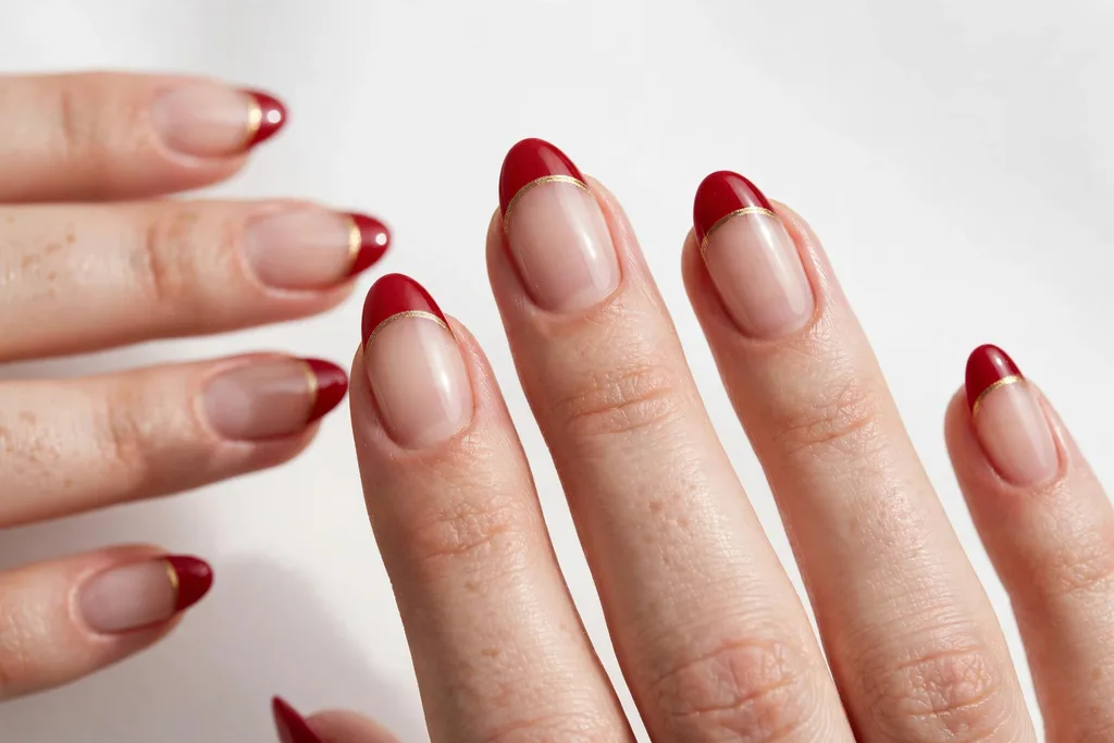 Winter holidays French tip nails with classic red tips edged with a thin metallic gold line beneath the smile line on a sheer nude base, shown on medium almond nails.