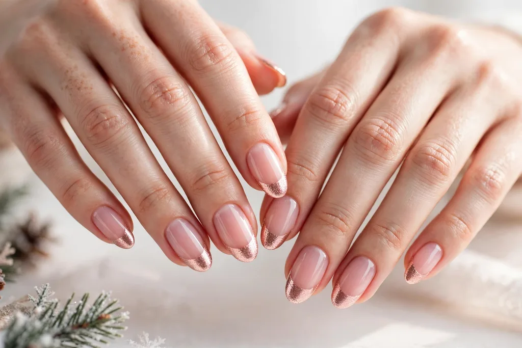 Winter holidays French tip nails with rose gold metallic shimmer tips on a sheer pink base, shown on medium almond nails.