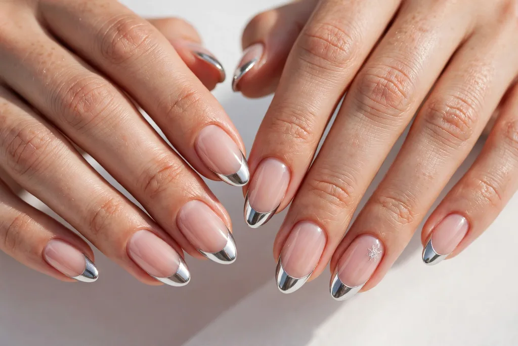 Winter holidays French tip nails with silver chrome mirror tips on a sheer nude base, shown on medium almond nails.