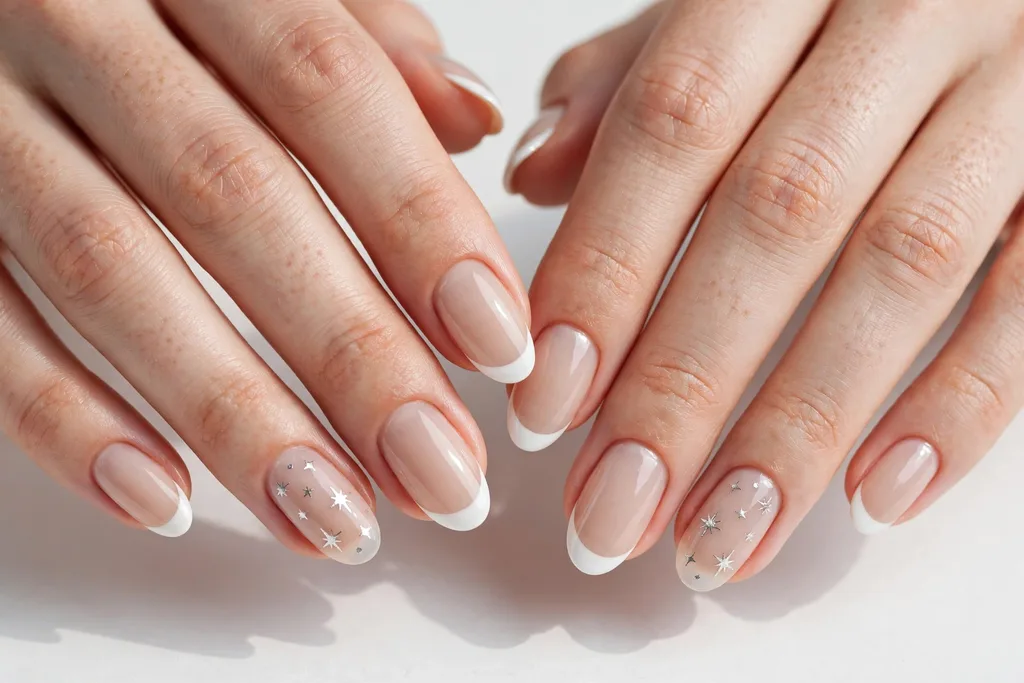 Winter holidays French tip nails with white tips and tiny silver stars on the accent nails, shown on medium almond nails with a sheer nude base.