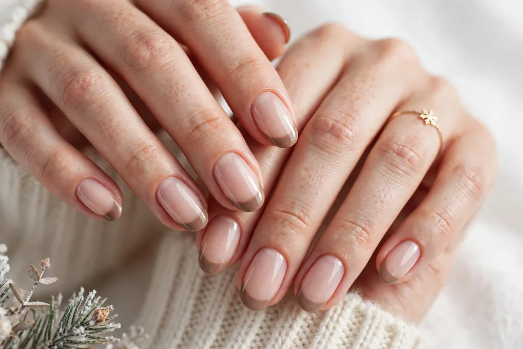Winter holidays French tip nails with warm taupe tips on a sheer nude base, shown on medium oval nails.