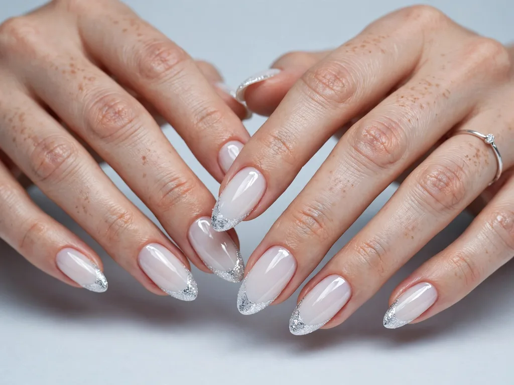 Icy silver glitter French tip nails for a winter wedding on almond nails