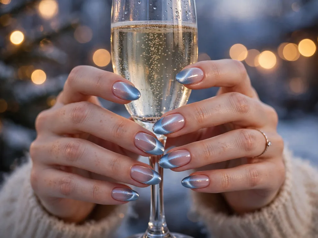 Silver and icy blue cat eye French tip nails for a winter wedding guest