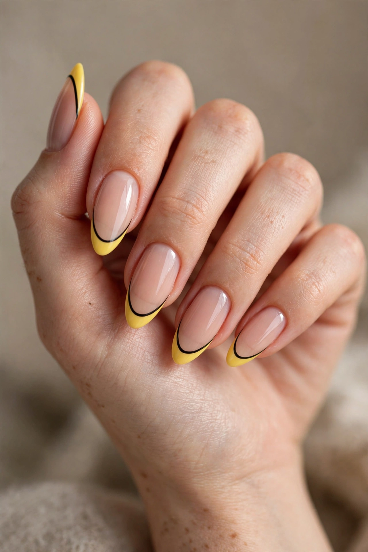 Almond nails with sunny yellow French tips edged by a thin black outline.