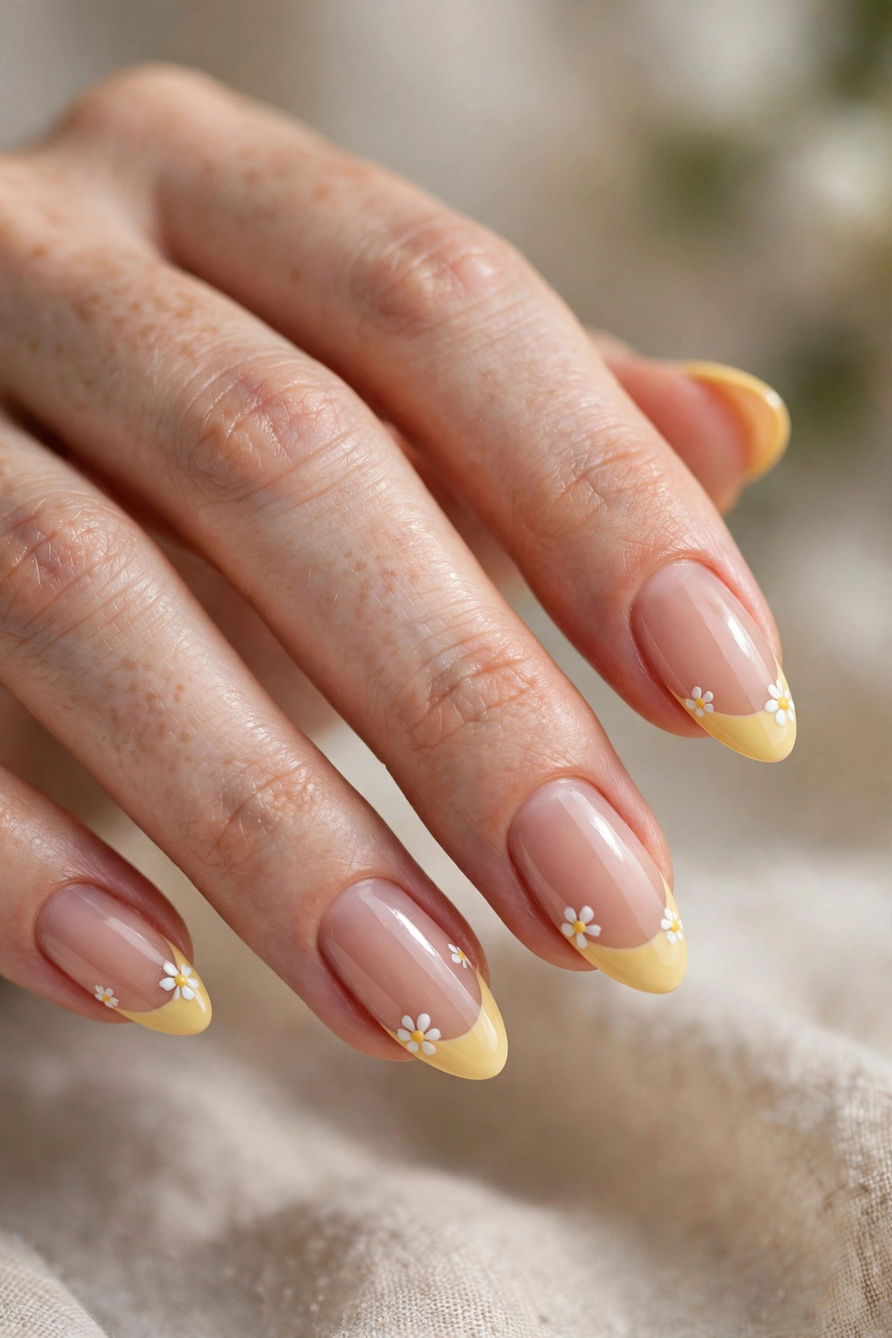 Almond nails with butter-yellow French tips decorated with tiny white daisy flowers.
