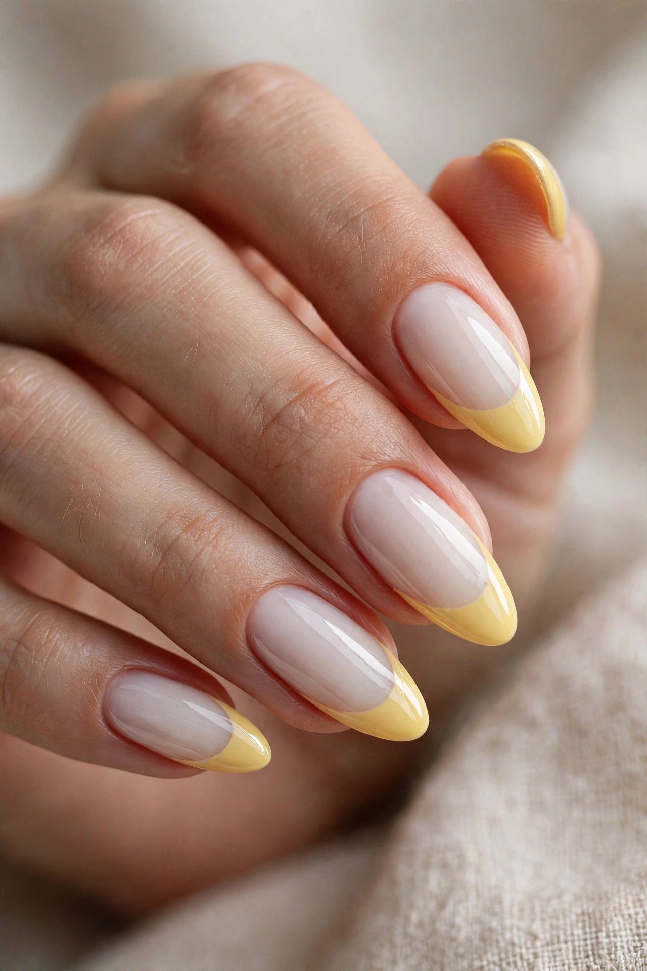 Almond nails with butter-yellow French tips finished with a glazed chrome effect over a milky base.