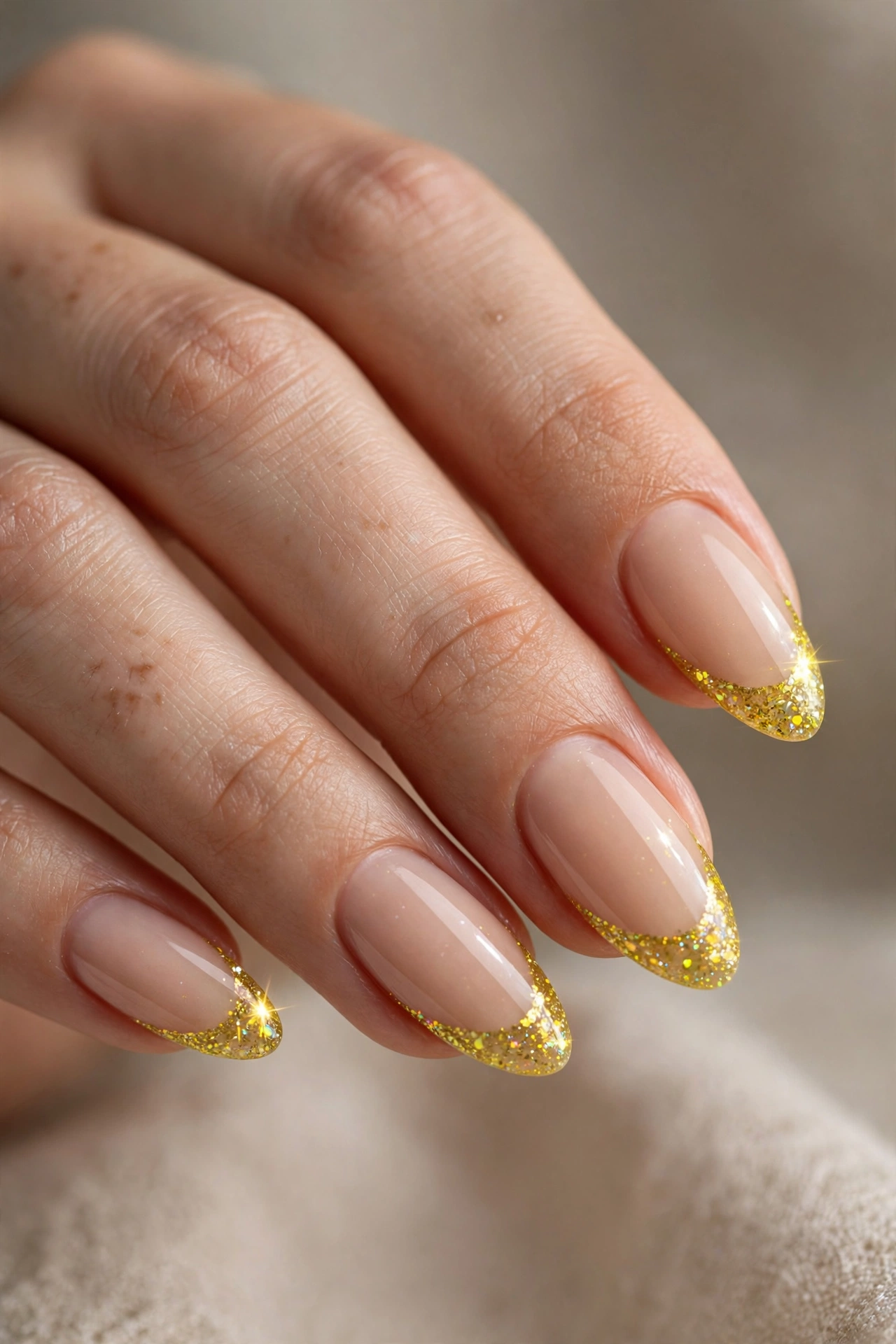 Almond nails with sparkling yellow glitter French tips over a nude base.