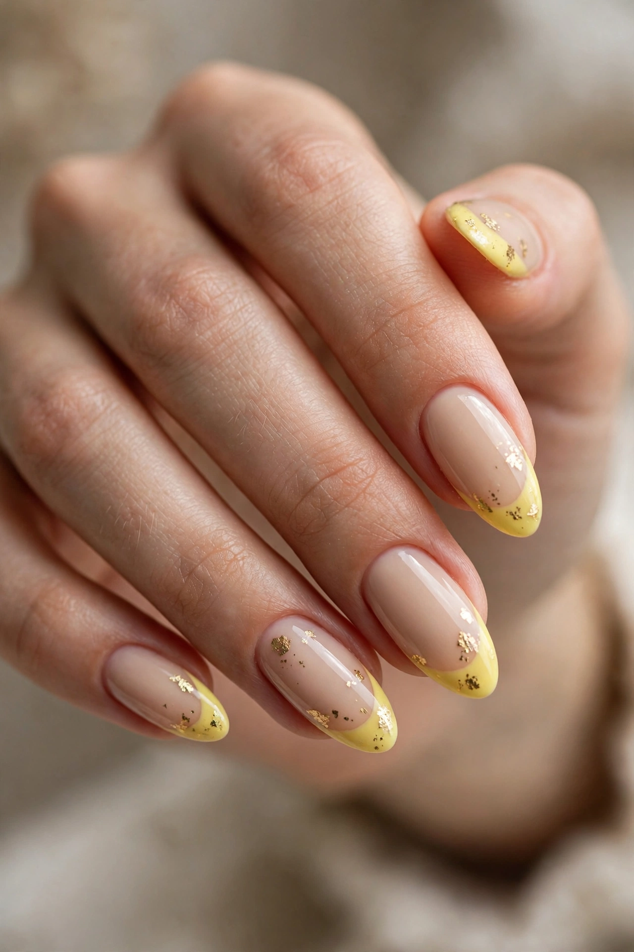 Almond nails with lemon-yellow French tips scattered with gold foil flakes.