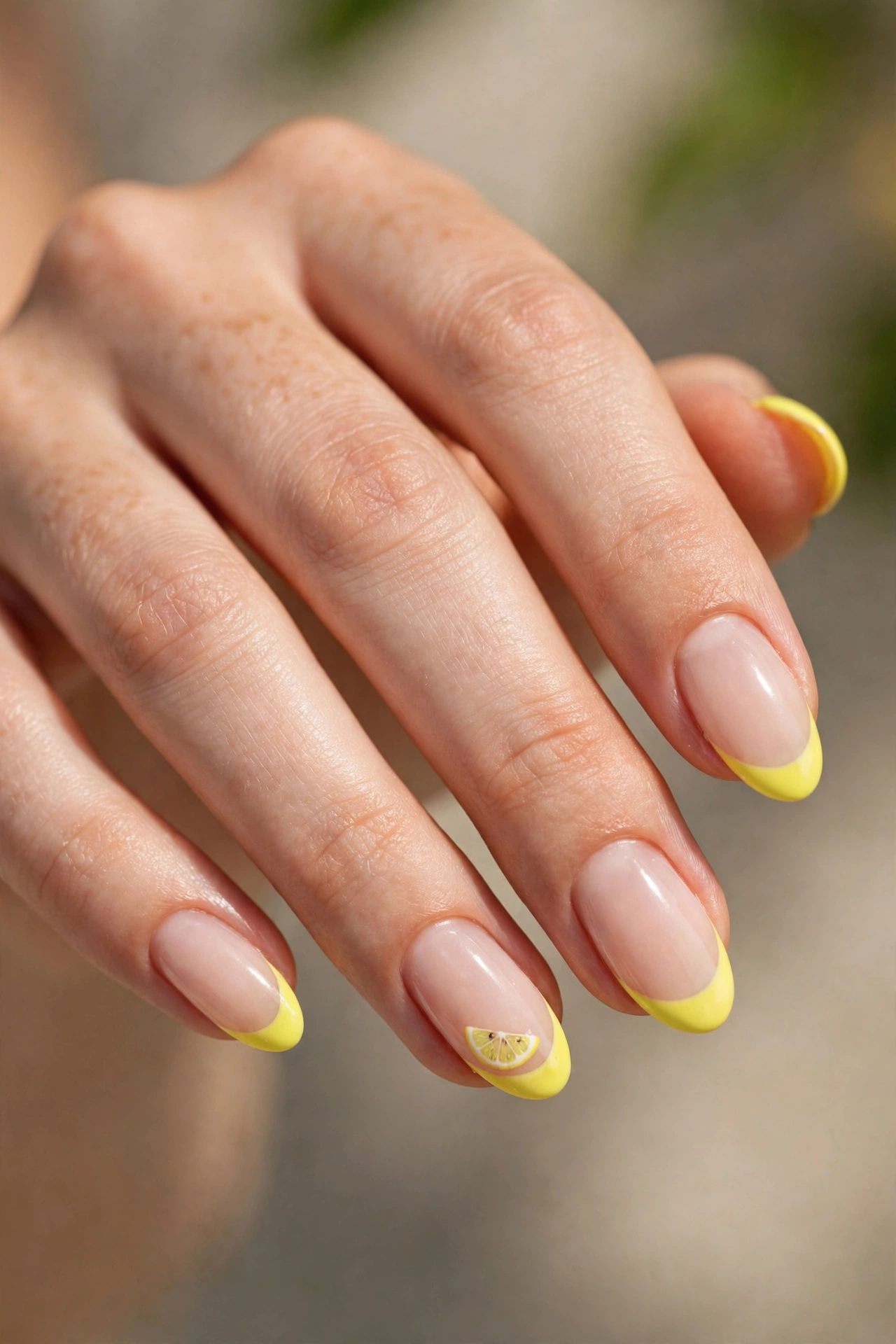 Almond nails with bright lemon-yellow French tips and a tiny lemon-slice accent nail.