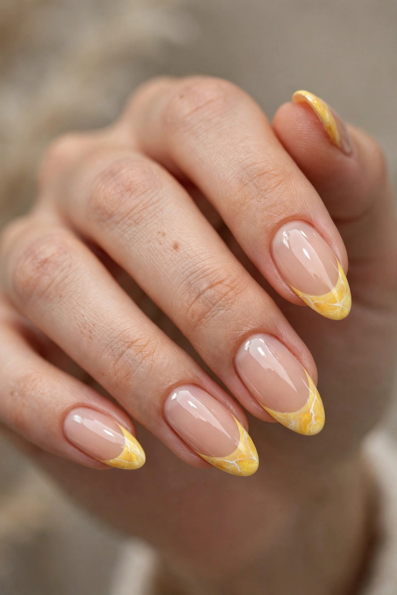 Almond nails with yellow marble-effect French tips featuring fine white veining.