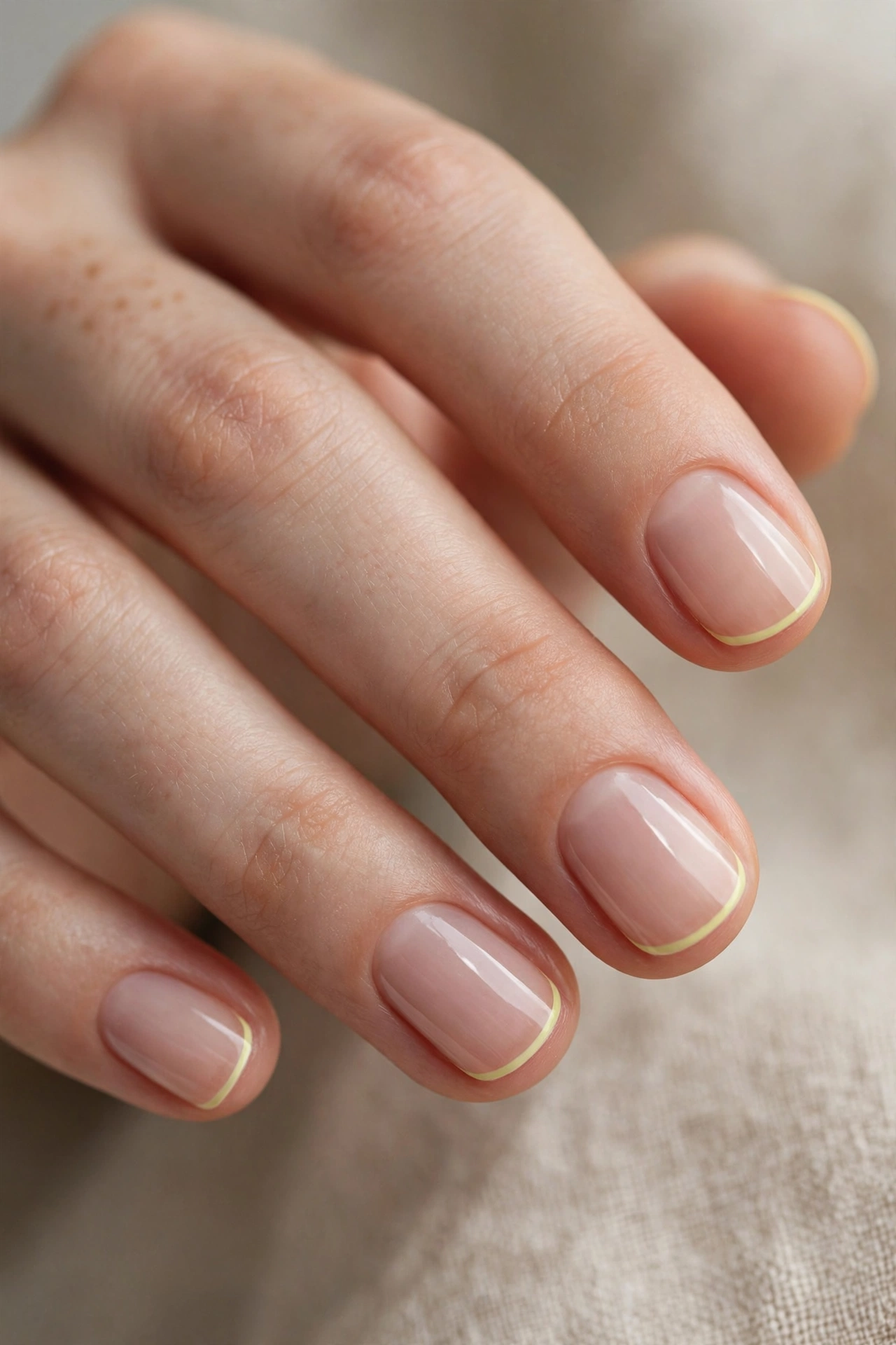Short round nails with an ultra-thin pastel-yellow micro French line over a sheer nude base.