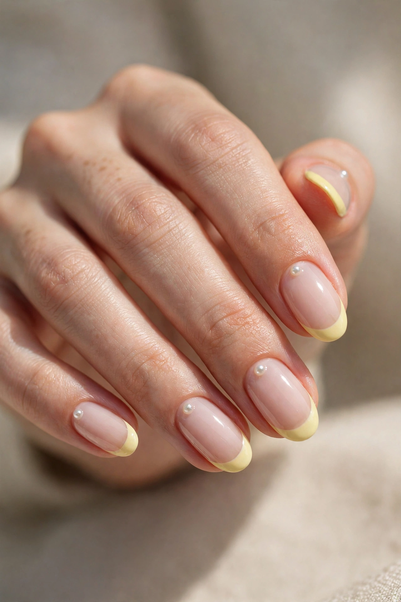 Oval nails with pastel yellow French tips and tiny pearl accents near the cuticles.