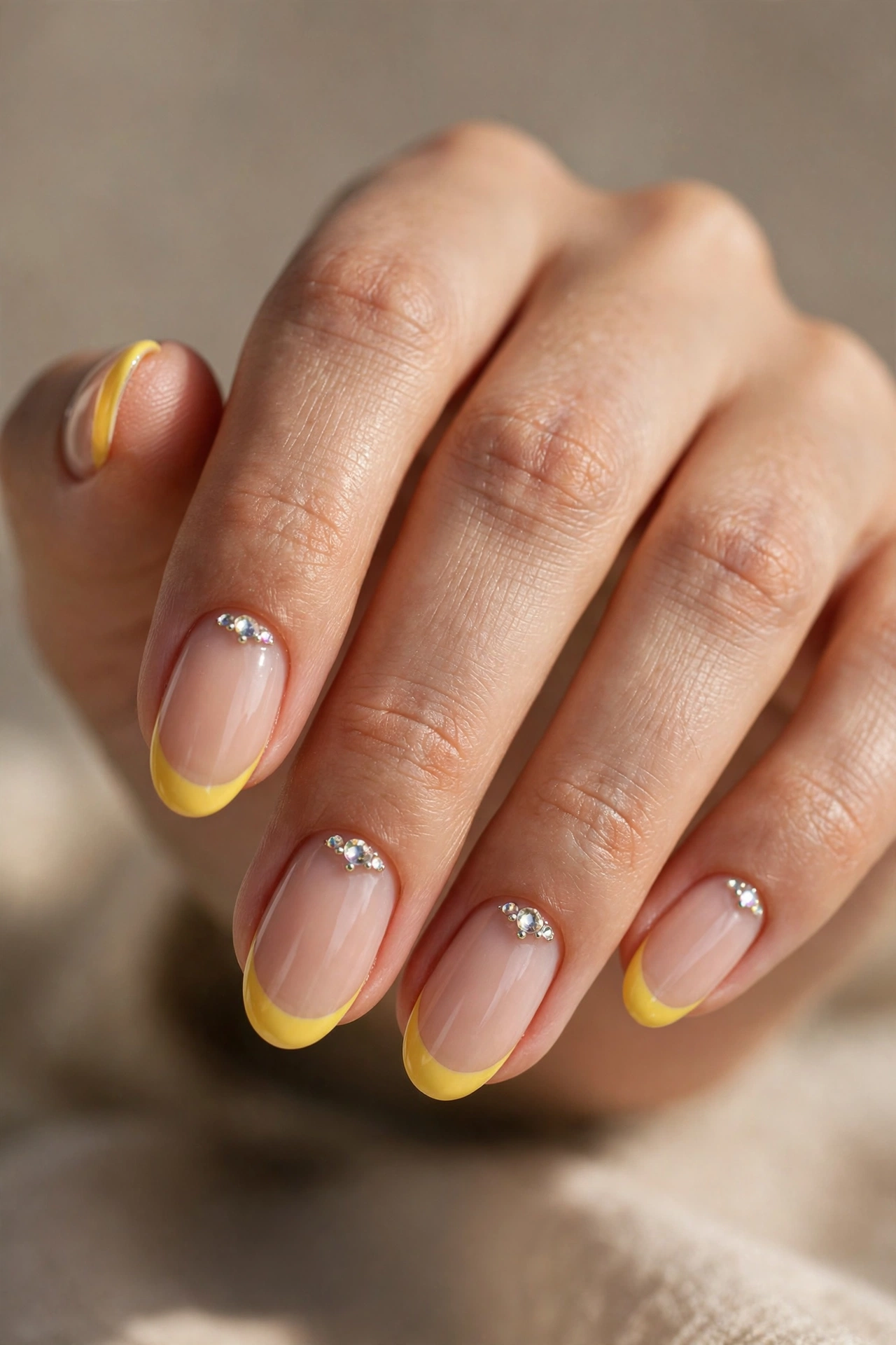 Oval nails with sunny yellow French tips and small crystal rhinestones near the cuticles.