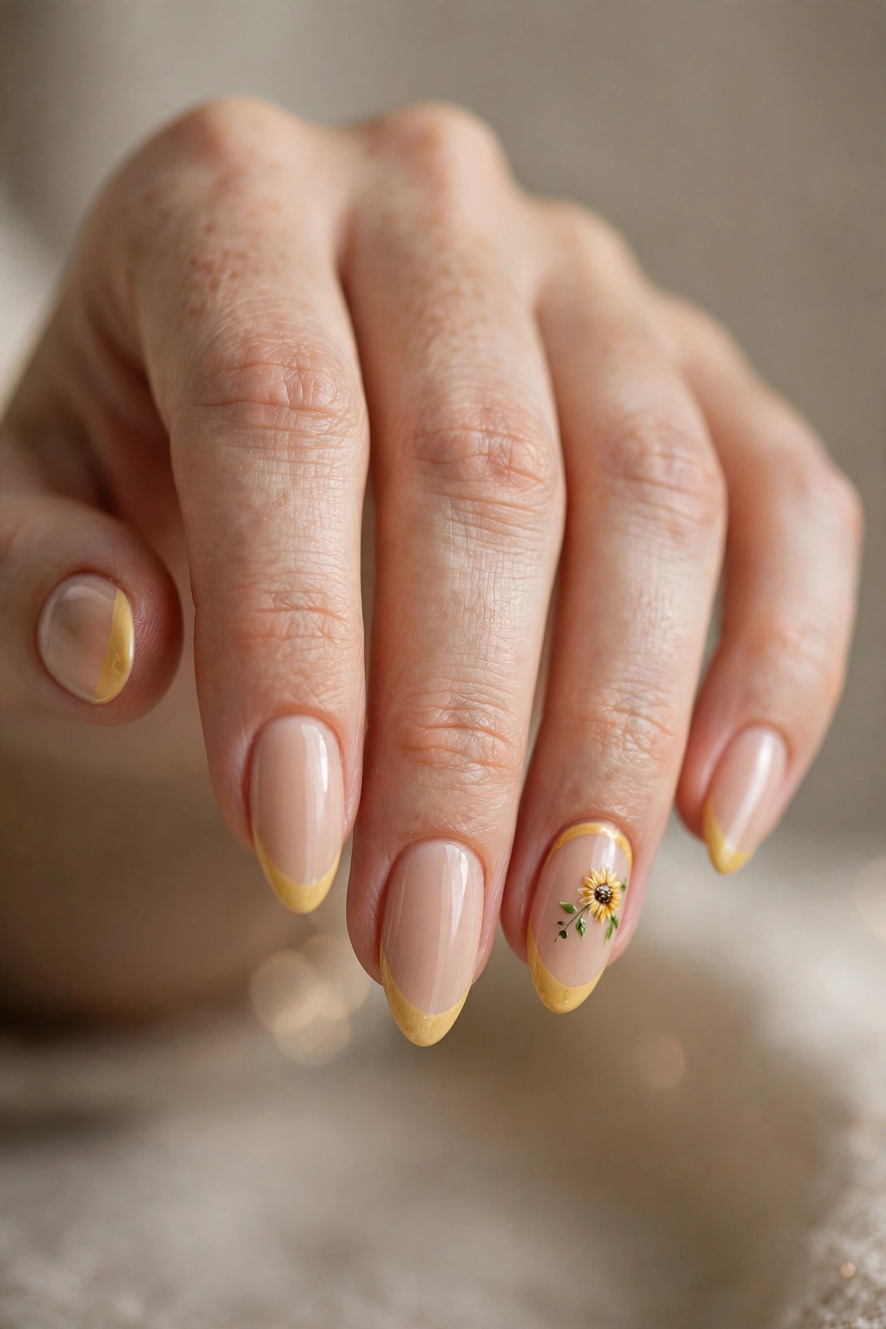Almond nails with golden-yellow French tips and a tiny hand-painted sunflower accent nail.