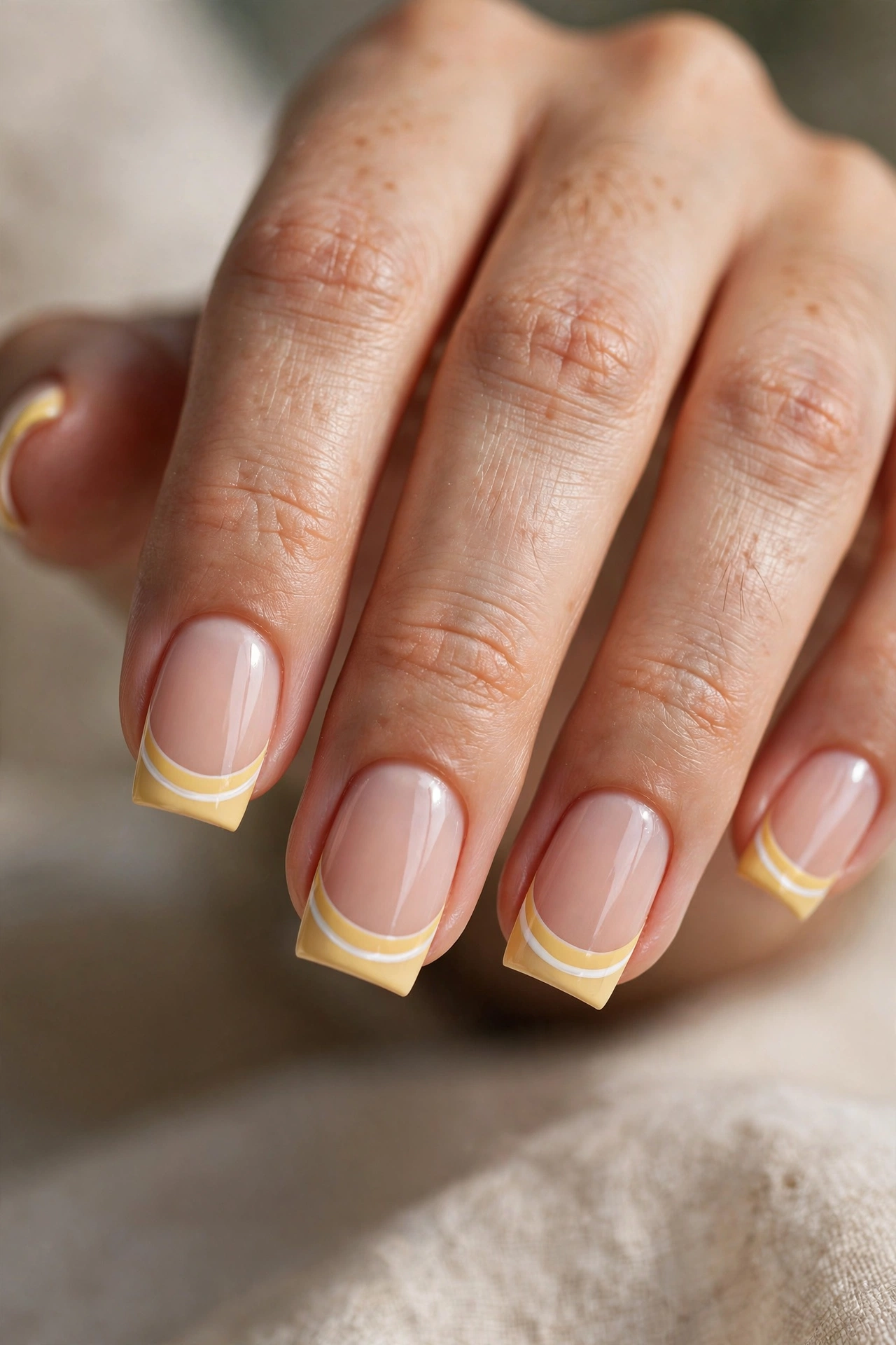 Square nails with double French tips pairing a butter-yellow curve with a thin white line.